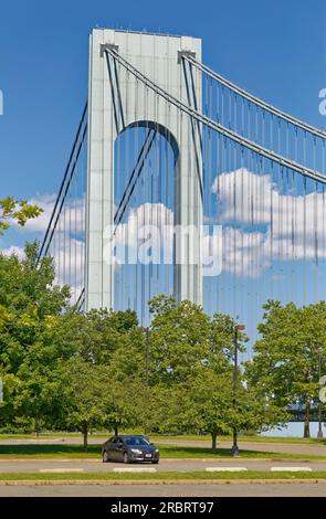 Verrazzano-Narrows Bridge joins NYC’s Brooklyn and Staten Island. The steel suspension bridge was the world’s longest span, when built in 1964. Stock Photo