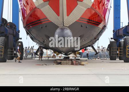 Didim,Aydin,Turkey. 23 May 2019: The mega yacht that has been landed is being prepared for maintenance. Stock Photo