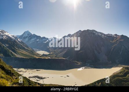 Looking down from the Sealy Tarns track in the National Park to the alpine Mueller and Hooker lakes and Aoraki Mt Cook Stock Photo