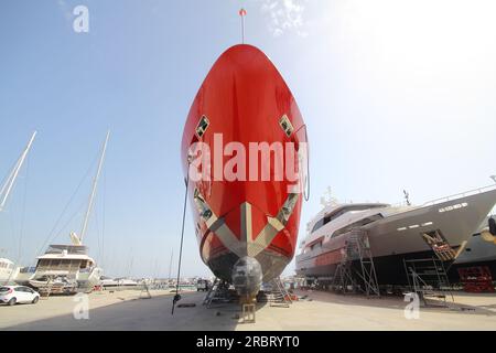 Didim,Aydin,Turkey. 26 May 2019: The mega yacht that has been landed is being prepared for maintenance. Stock Photo