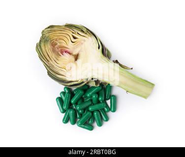 Fresh artichoke and pills isolated on white, top view Stock Photo