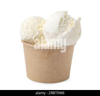 Delicious vanilla ice cream in paper cup isolated on white Stock Photo