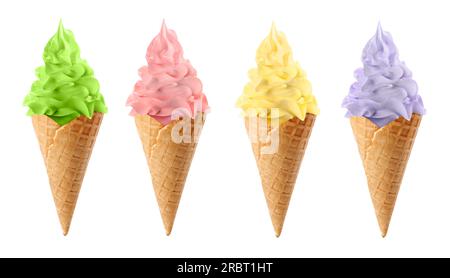 Set of different delicious soft serve ice creams in crispy cones on ...