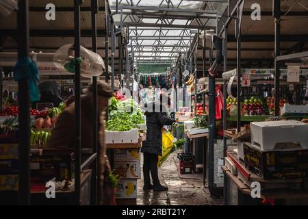 Picture of stalls selling fruits, vegetables in Kaleniceva pijaca green market, one of the main markets of Belgrade, Serbia. Stock Photo