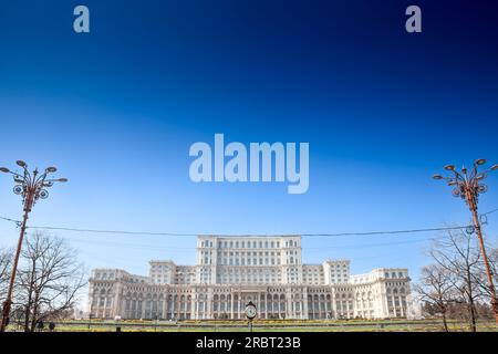 Picture of the Romanian Parliament in Bucharest, Romania. The Palace of the Parliament, also known as the Republic's House or People's House/People's Stock Photo