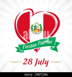 Peru heart banner with coat of arms and text Fiestas Patrias Happy Independence Day Peru greetings Stock Vector