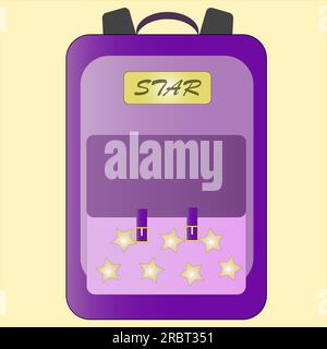 Backpack purple with inscription star in yellow color, luggage or school bag, vector flat icon. Stock Vector