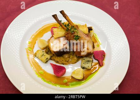 Dish with piglet meat and vegetables, Hotel Fairmont Reine Elizabeth, Montreal, Quebec, Pork, Canada Stock Photo