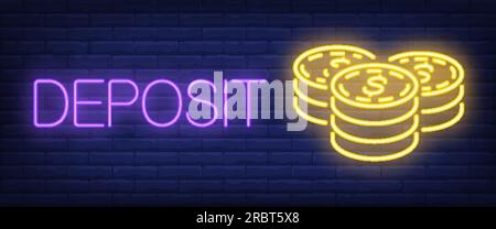 Deposit neon text with coins stacks Stock Vector