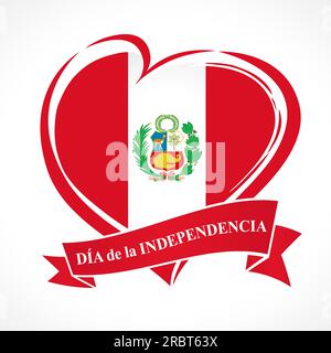 Peru heart banner with coat of arms and text Fiestas Patrias. Happy Independence Day Peru greeting card design. Creative heart logo. T shirt graphic Stock Vector