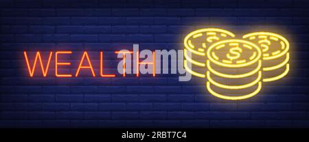 Wealth neon text coins stacks Stock Vector