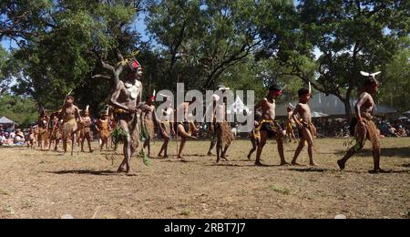 Yarrabah dance team, Laura Quinkan Indigenous Dance Festival, Cape York Peninsula, Queensland, Australia, 2023. No MR or PR Stock Photo