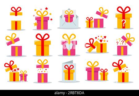 A set of gifts, gift boxes with ribbons, vector illustration in a flat style. Stock Vector