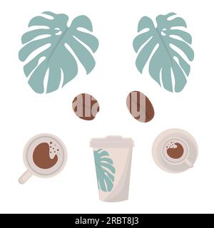 Vector set of leaves, coffee cup, coffee, coffee beans Stock Photo