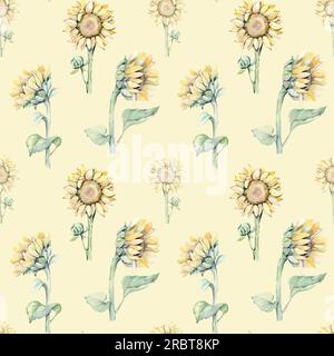 Watercolor seamless pattern with sunflowers and butterflies. Hand drawn ...