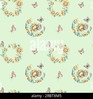 Watercolor seamless pattern with sunflowers and butterflies. Hand drawn ...