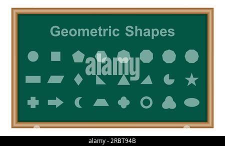 Set of 2D geometric shapes in math. Circle, square, pentagon, hexagon, heptagon, octagon,decagon, parallelogram, kite, triangle, pic, crescent, arrow Stock Vector