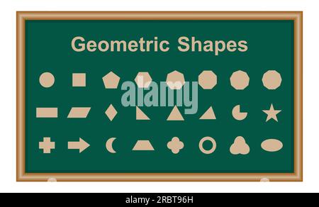 Set of 2D geometric shapes in math. Circle, square, pentagon, hexagon, heptagon, octagon,decagon, parallelogram, kite, triangle, pic, crescent, arrow Stock Vector