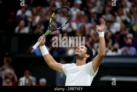 London, Britain. 10th July, 2023. Carlos Alcaraz celebrates after winning the men's singles fourth round match between Carlos Alcaraz of Spain and Matteo Berrettini of Italy at Wimbledon tennis Championship in London, Britain, on July 10, 2023. Credit: Li Ying/Xinhua/Alamy Live News Stock Photo