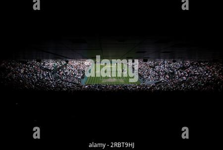 London, UK. 10th July, 2023. Photo taken on July 10, 2023, shows the men's singles fourth round match between Carlos Alcaraz of Spain and Matteo Berrettini of Italy at Wimbledon tennis Championship in London, Britain. Credit: Li Ying/Xinhua/Alamy Live News Stock Photo