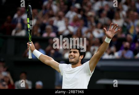 London, Britain. 10th July, 2023. Carlos Alcaraz celebrates after winning the men's singles fourth round match between Carlos Alcaraz of Spain and Matteo Berrettini of Italy at Wimbledon tennis Championship in London, Britain, on July 10, 2023. Credit: Li Ying/Xinhua/Alamy Live News Stock Photo