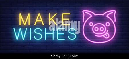 Make wishes neon text with funny pig face Stock Vector
