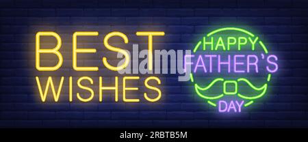 Best wishes, happy father day neon text with moustache Stock Vector