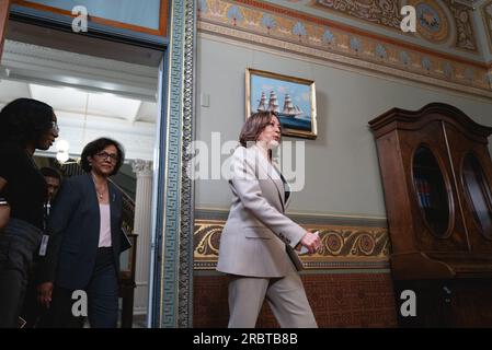 Washington, United States. 10th July, 2023. US Vice President Kamala Harris walks in to the Vice President's Ceremonial Office with Geeta Rao Gupta, ambassador-at-large for global women's issues, for her swearing in ceremony, in Washington, DC, US, on Monday, July 10, 2023. Gupta was confirmed by the Senate on May 10, 2023. Photo by Cheriss May/Pool/ABACAPRESS.COM Credit: Abaca Press/Alamy Live News Stock Photo