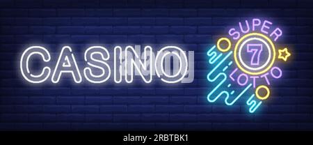 Casino, super lotto neon text and ball number seven Stock Vector