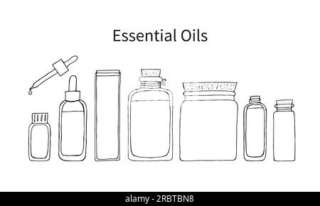 Essential oils bottles set of vector hand drawn doodle isolated elements for design. Cosmetic vial, flacon, flask for oil and herbs Stock Vector