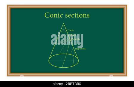 Types of conic sections. Circle, Ellipse, Parabola and Hyperbola. Mathematics resources for teachers and students. Stock Vector