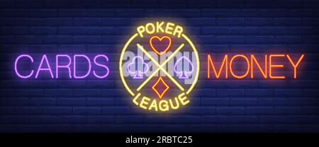 Cards, money, poker league neon text with playing cards suits Stock Vector