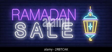 Ramadan Sale neon sign. Glowing bar lettering and lantern Stock Vector