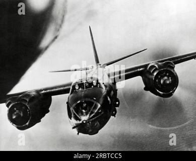 England,  March, 1944 A very close-up photo of a 9th Air Force B-26 Marauder flying in tight formation during World War II. Stock Photo