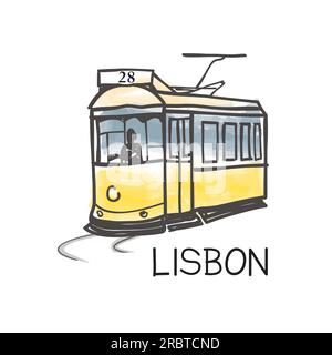 Lisbon city landmark famous vintage yellow tram #28, the oldest european public transport of the Old Town, Lisbon, Portugal. Retro poster tourist attr Stock Vector