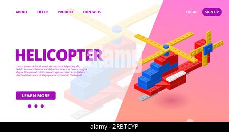 Template for web with helicopter assembled from plastic blocks in isometric style for print and design. Vector illustration. Stock Vector
