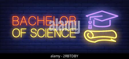 Bachelor of science neon text with graduation cap Stock Vector