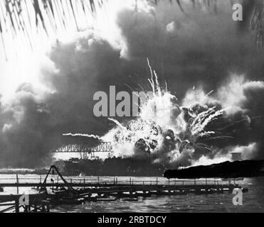 Pearl Harbor, Hawaii:  December 7th, 1941 The USS Shaw at the moment of the destroyer's magazine explosion at Pearl Harbor. Stock Photo