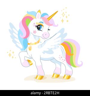 Cute cartoon character white unicorn with wings. Digital vector illustration isolated on a white background. Happy little magic unicorn. For print, de Stock Vector