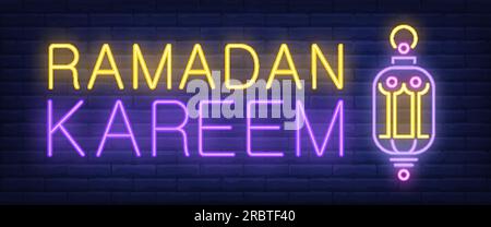 Ramadan Kareem neon sign. Glowing bar lettering and lamp Stock Vector