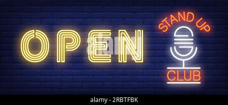Open bar neon sign. Glowing Stand Up Club and mike Stock Vector