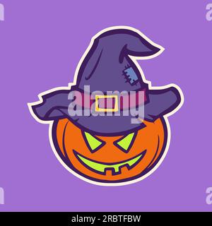 Pumpkin scarecrow head sticker in cartoon style for print and design. Vector illustration. Stock Vector