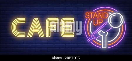 Cafe Stand Up neon sign. Glowing bar microphone in circle frame Stock Vector