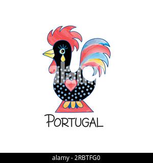 Symbol of Lisbon Portugal. Barcelos portuguese decorated rooster. Vector watercolored illustration. Stock Vector