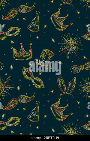 Mardi Gras pattern, vector  illustration with fireworks, crown, stars, party hats, masks and moustaches Stock Vector