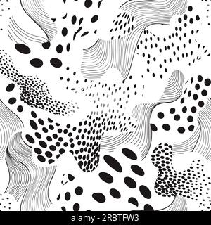 Abstract dotted seamless pattern with chaotic flowing swirl lines and blots in geometric style. Dots and blots artistic stylish polka dot ornamental e Stock Vector