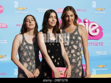 Los Angeles, California, USA. 09th July, 2023. (L-R) Alana Haim, Danielle Haim and Este Haim attend the World Premiere of 'Barbie' at the Shrine Auditorium and Expo Hall on July 09, 2023 in Los Angeles, California. Credit: Jeffrey Mayer/Jtm Photos/Media Punch/Alamy Live News Stock Photo