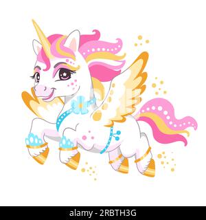 Cute cartoon character white unicorn with wings. Digital vector illustration isolated on a white background. Happy little magic unicorn. For print, de Stock Vector