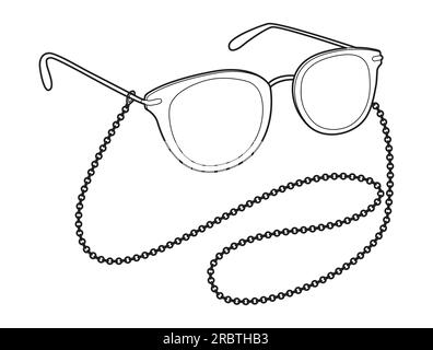 Round frame glasses with chain fashion accessory illustration. Sunglass 3-4 view for Men, women, silhouette style, flat rim spectacles eyeglasses with lens sketch outline isolated on white background Stock Vector