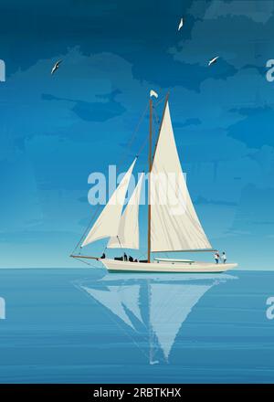 Sailing yacht on the open sea, vector illustration Stock Vector